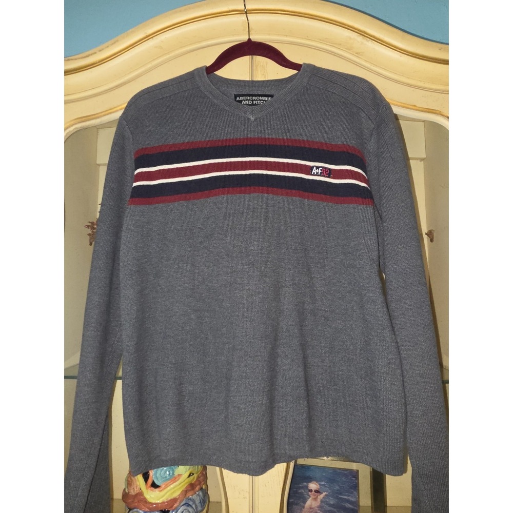 Abercrombie & Fitch Mens M Sweater Y2K Gray Striped V Neck A&F 92 Preppy